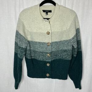 Vero‎ Moda Green Ombre Puff Sleeve Button Front Cardigan Sweater Stripe Medium
